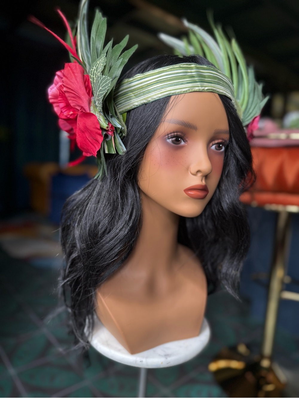 Tropical Floral Leaf Headband with Red Hibiscus